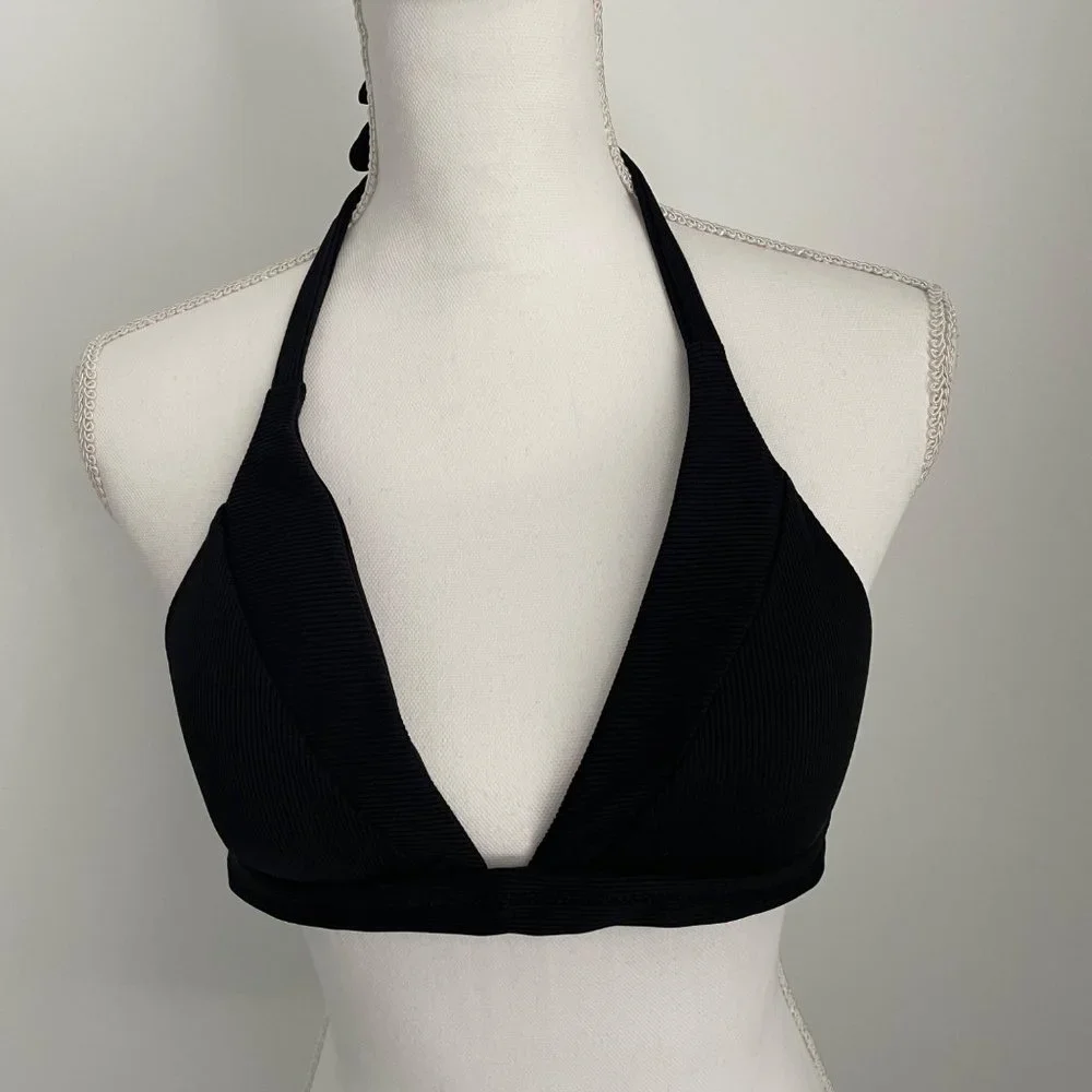 Becca Black Swimsuit Bikini Top V-Neck Fine Line Lrg Ties Neck and Back